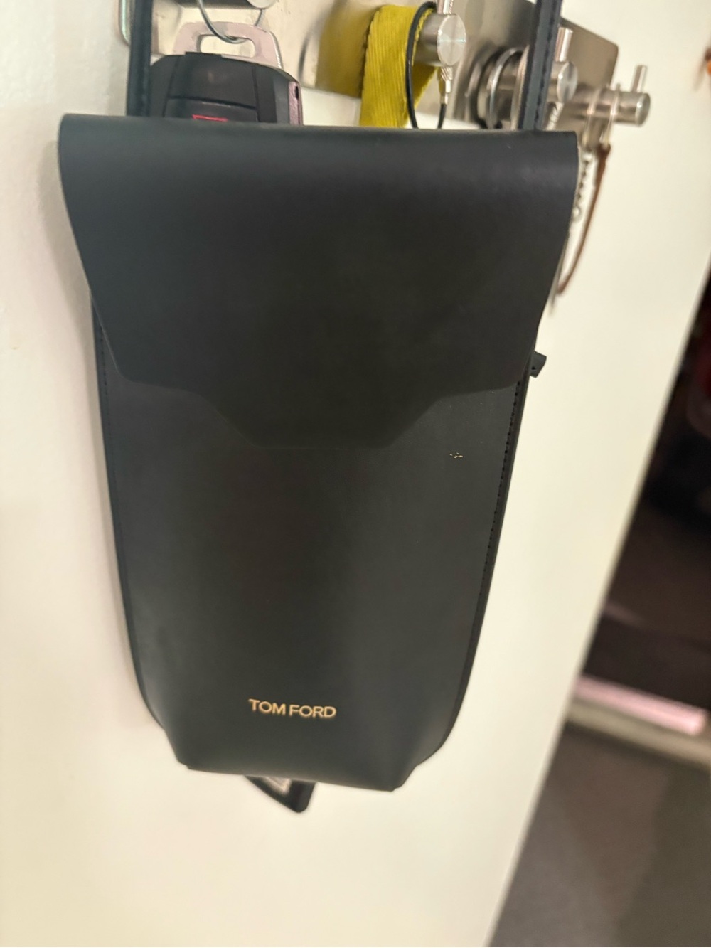 Tom Ford Black Leather Vertical Phone Case with Gold Logo Accent